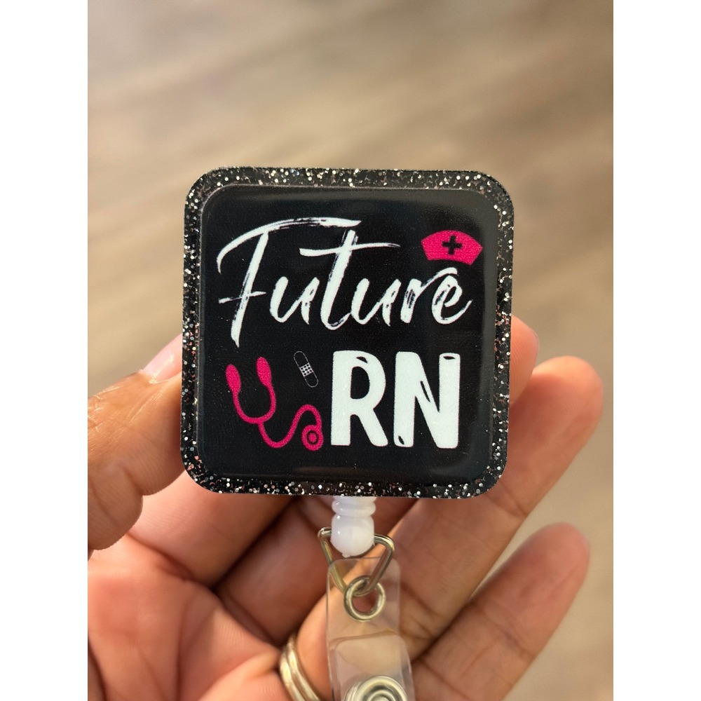 Future RN Retractable Badge Reel Nursing Student ID Holder Black Pink Glitter